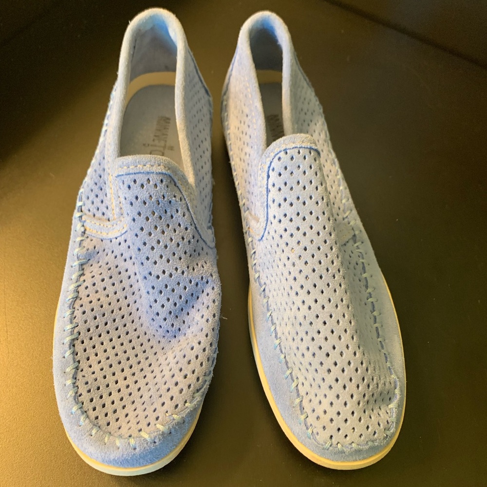 Minnetonka Women’s Light Blue Perforated Suede Slip On Shoes